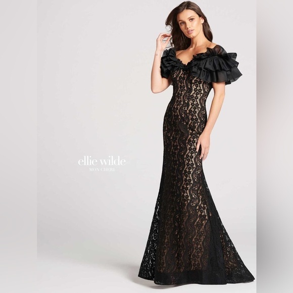 Ellie wilde Mon Cheri black ruffle lace off shoulder elegant dress beading lined - Picture 12 of 12